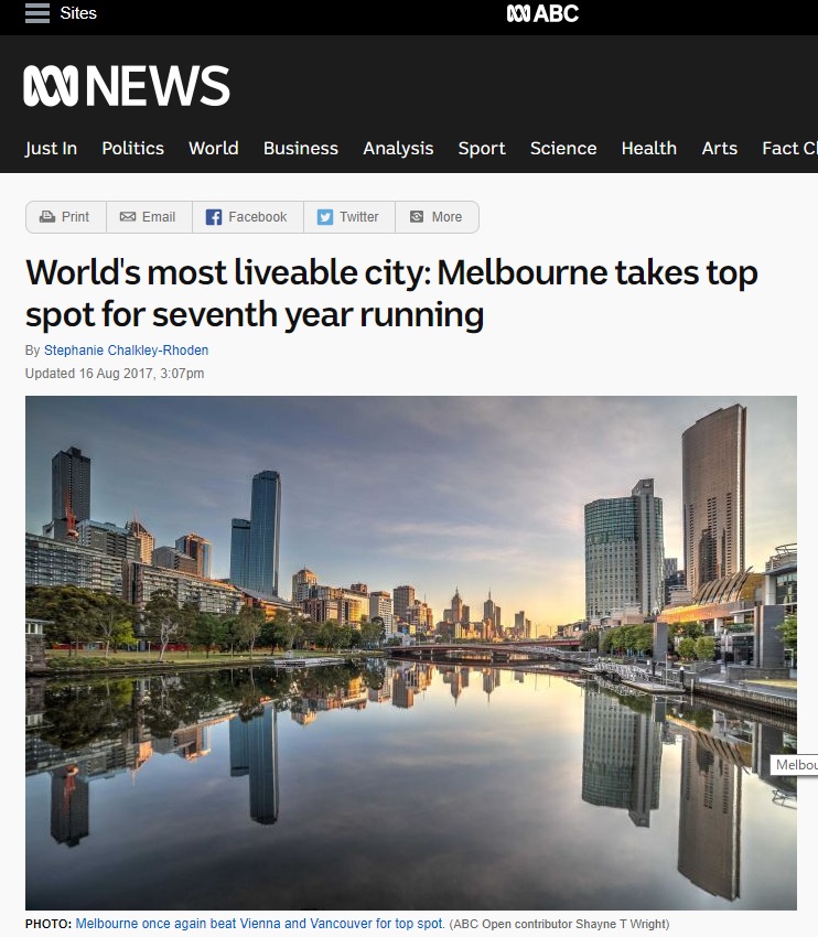 メルボルンが７年連続で「世界で一番住みやすい都市」に選ばれたことを伝えるABC News（２０１７年８月１６日付、スクリーンショット）