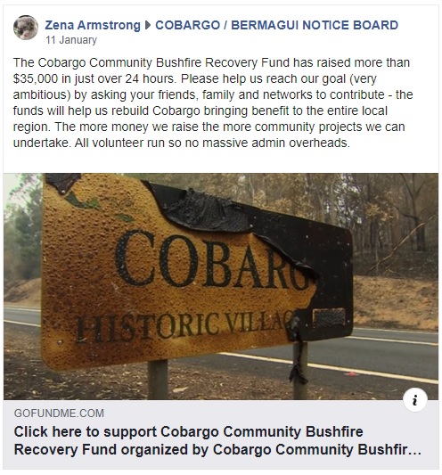 フェイスブック上で紹介されたコバーゴの募金（１月１２付、スクリーンショット）
