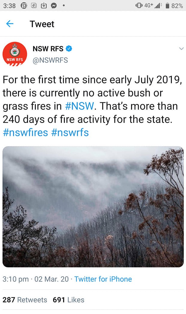 NSW消防局のツイート（３月２日付。スクリーンショット。）