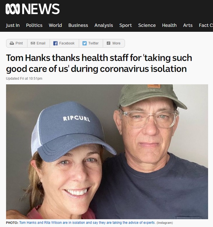 トム・ハンクス夫妻の様子を伝える ABC News