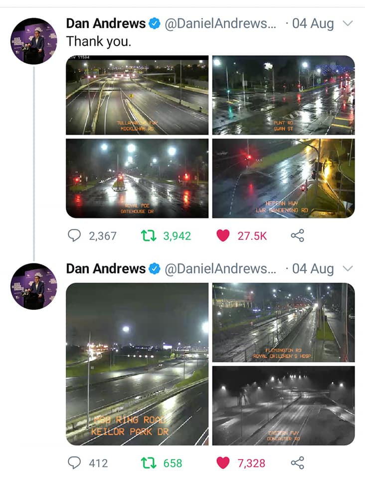 二度目のロックダウンと夜間外出禁止令が出た翌日８月４日のアンドリューズ州首相のツイート。メルボルンの各所に人っ子一人いない写真をアップし、市民に感謝している。（スクリーンショット）