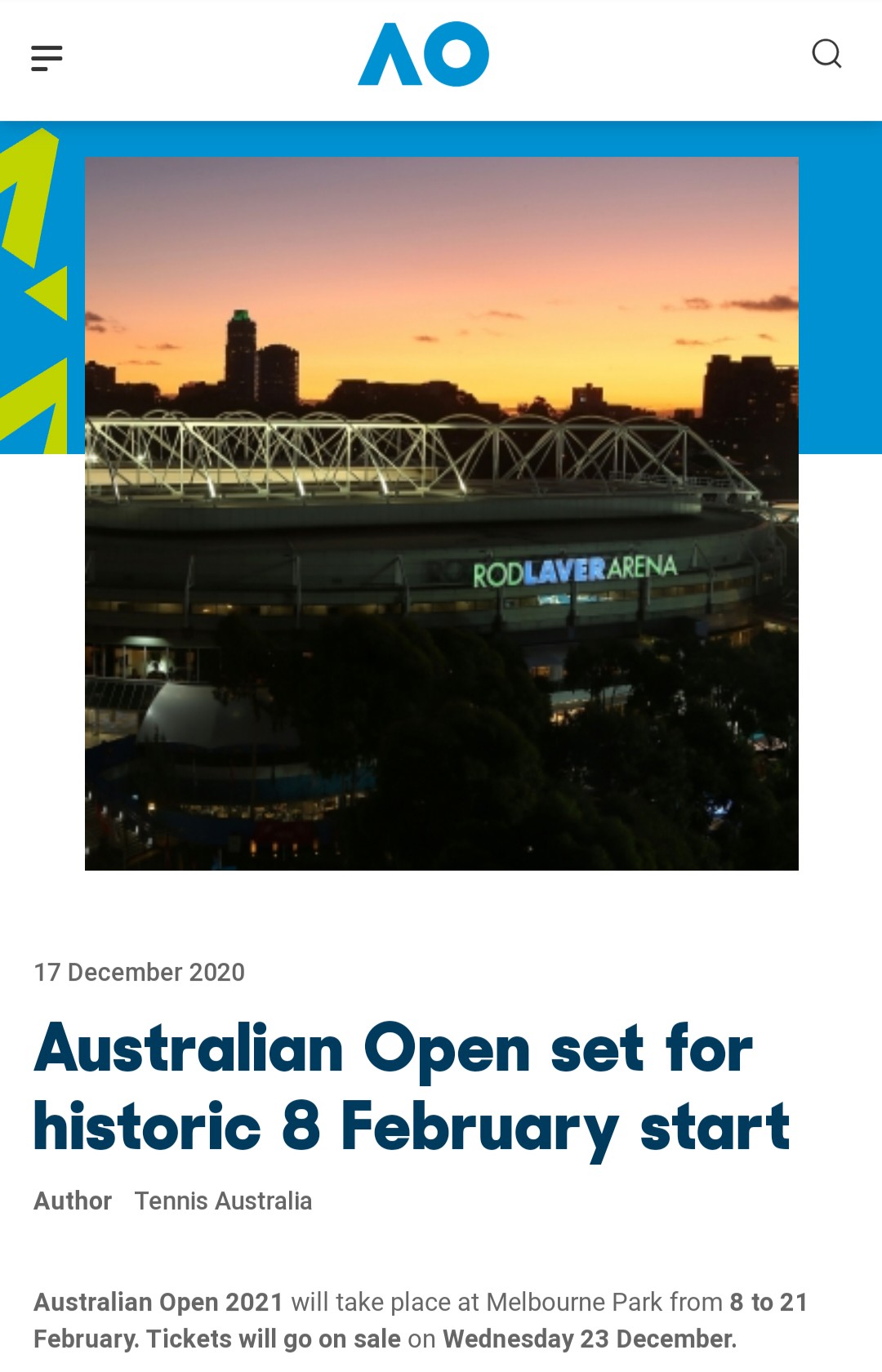 全豪オープンが開催されることが発表されたテニス・オーストラリアのウェブサイト（スクリーンショット）